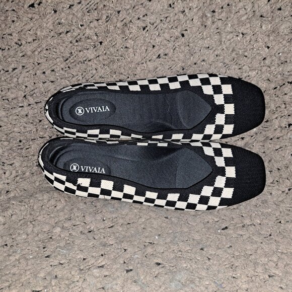 VIVAIA-Margot 2.0-Square Toe-Black Ivory Checkerboard Flats-Knit-Sz 43-Near Mint - Picture 7 of 8